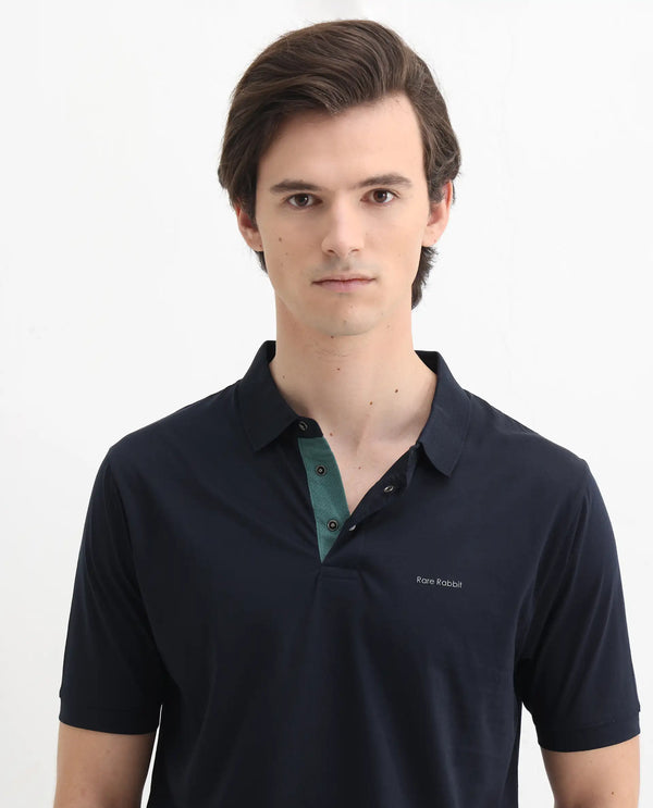Rare Rabbit Mens Keneth Navy Short Sleeve Contrast Inner Placket Solid Polo-Tshirt