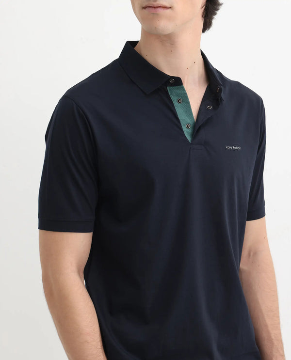 Rare Rabbit Mens Keneth Navy Short Sleeve Contrast Inner Placket Solid Polo-Tshirt