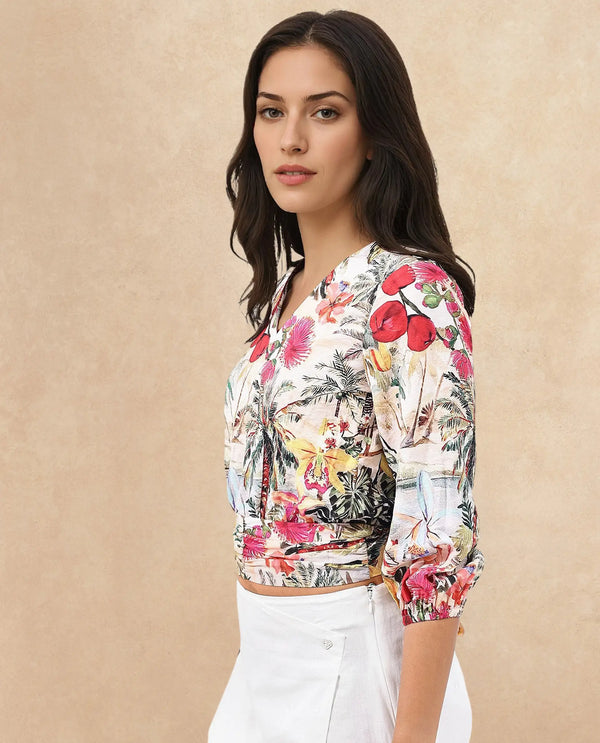 Rareism Women Kenro Multi Bell Sleeves V-Neck Cropped Tropical Print Top