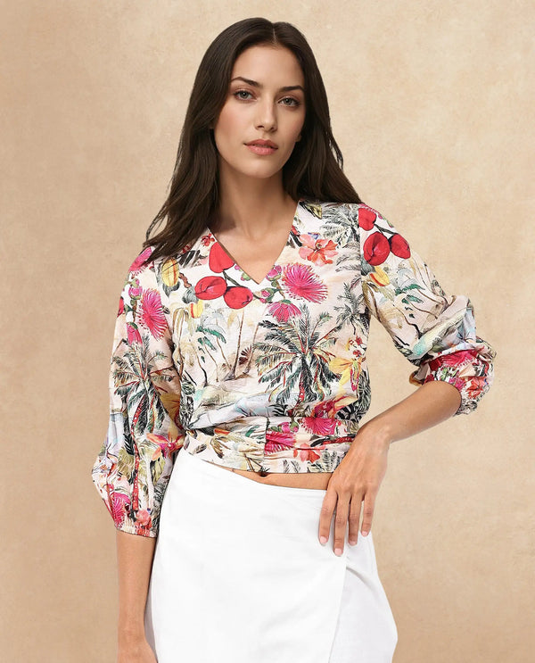 Rareism Women Kenro Multi Bell Sleeves V-Neck Cropped Tropical Print Top