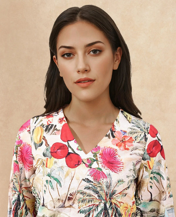 Rareism Women Kenro Multi Bell Sleeves V-Neck Cropped Tropical Print Top