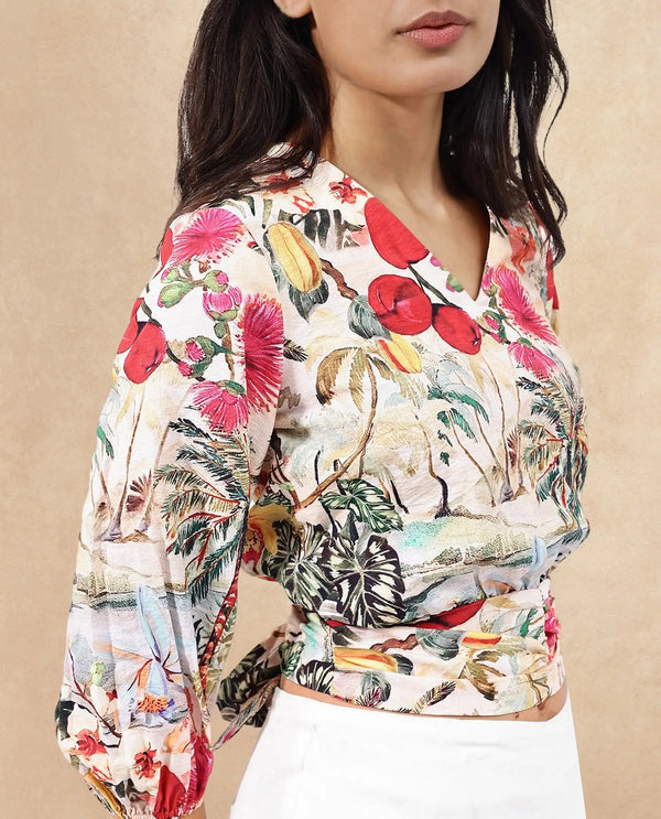 Rareism Women Kenro Multi Bell Sleeves V-Neck Cropped Tropical Print Top