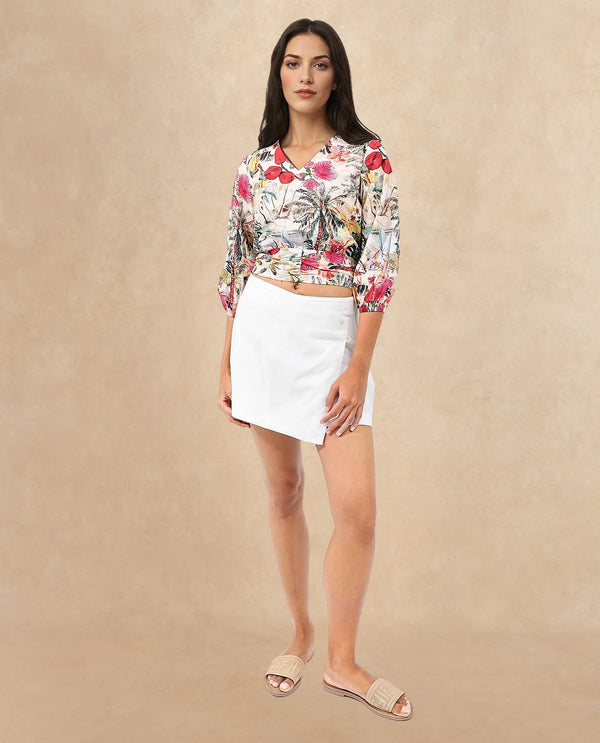 Rareism Women Kenro Multi Bell Sleeves V-Neck Cropped Tropical Print Top