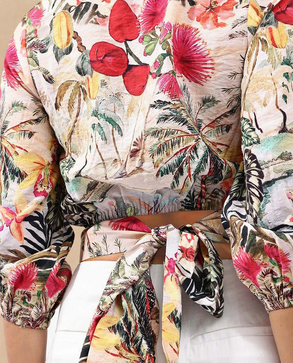 Rareism Women Kenro Multi Bell Sleeves V-Neck Cropped Tropical Print Top