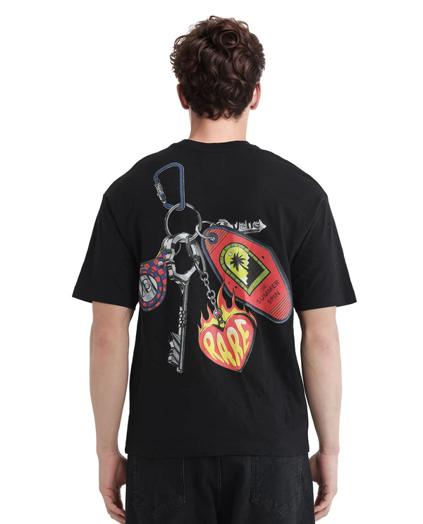 Rare Rabbit Men Kent Black Cotton Fabric Short Sleeve Crew Neck Oversized Fit Graphic Backprint T-Shirt