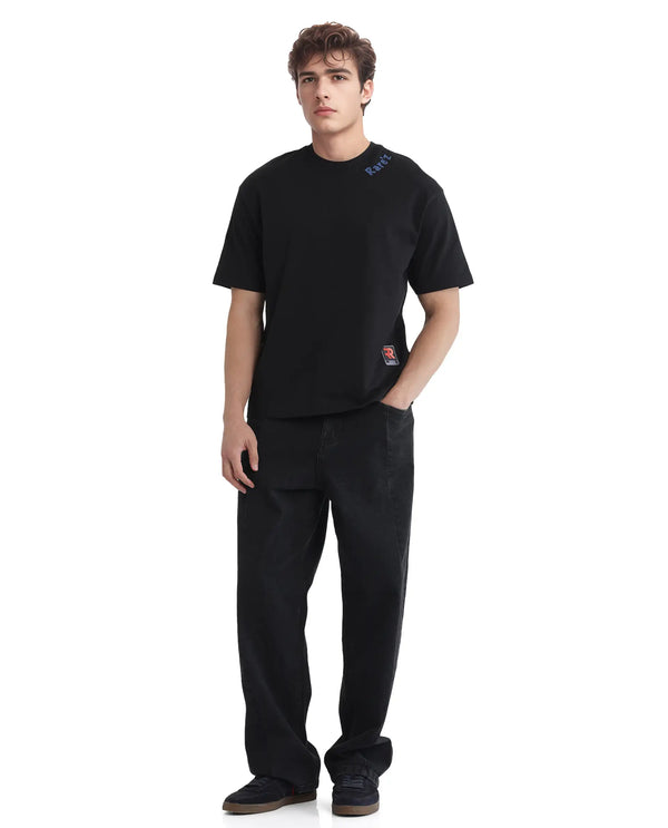 Rare Rabbit Men Kent Black Cotton Fabric Short Sleeve Crew Neck Oversized Fit Graphic Backprint T-Shirt