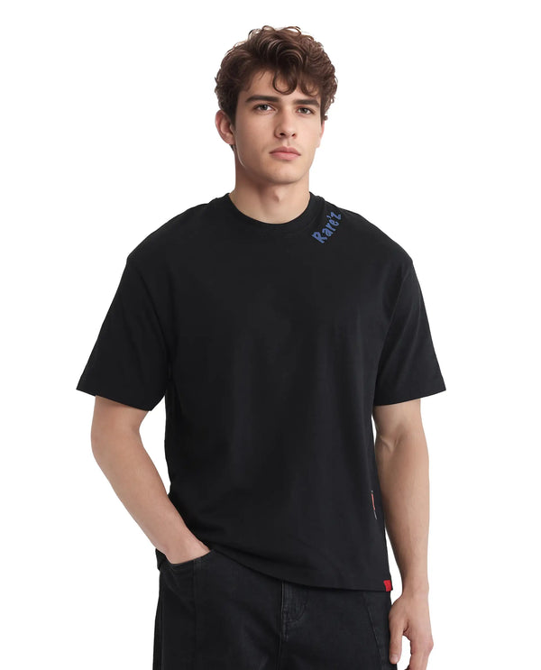 Rare Rabbit Men Kent Black Cotton Fabric Short Sleeve Crew Neck Oversized Fit Graphic Backprint T-Shirt