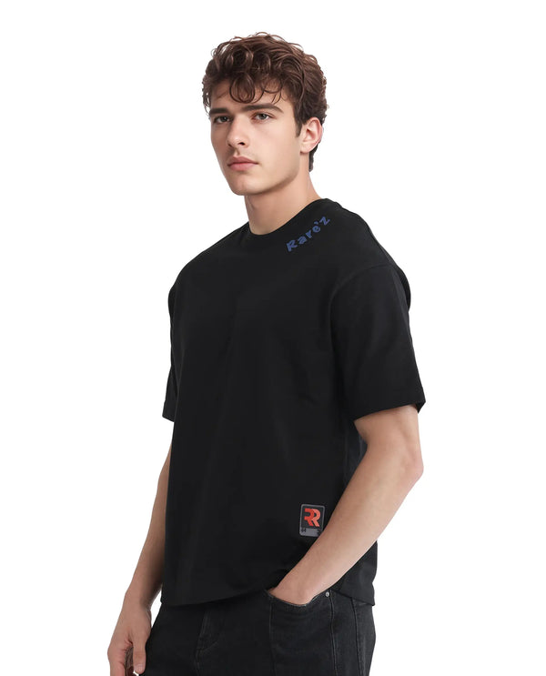 Rare Rabbit Men Kent Black Cotton Fabric Short Sleeve Crew Neck Oversized Fit Graphic Backprint T-Shirt