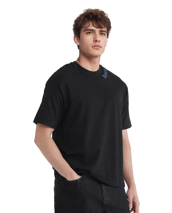Rare Rabbit Men Kent Black Cotton Fabric Short Sleeve Crew Neck Oversized Fit Graphic Backprint T-Shirt