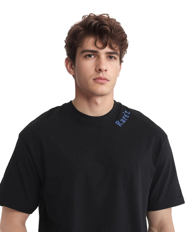 Rare Rabbit Men Kent Black Cotton Fabric Short Sleeve Crew Neck Oversized Fit Graphic Backprint T-Shirt