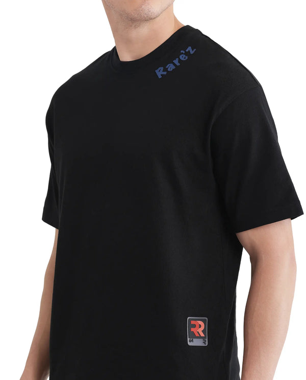 Rare Rabbit Men Kent Black Cotton Fabric Short Sleeve Crew Neck Oversized Fit Graphic Backprint T-Shirt