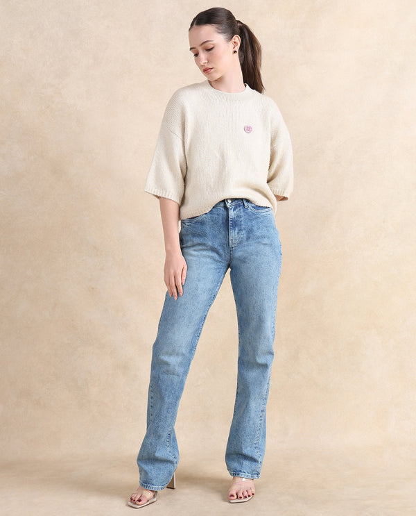 Rareism Women Kenty Light Beige Oversized Fit Plain Sweater
