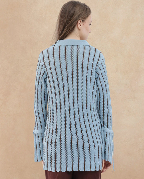 Rareism Womens Kentya Light Blue Shrug Collared Neck Solid
