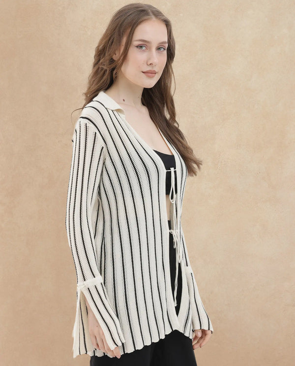 Rareism Women Kentya White Viscose Fabric Full Sleeves Tie-Up Closure Johnny Collar Regular Fit Plain Shrug