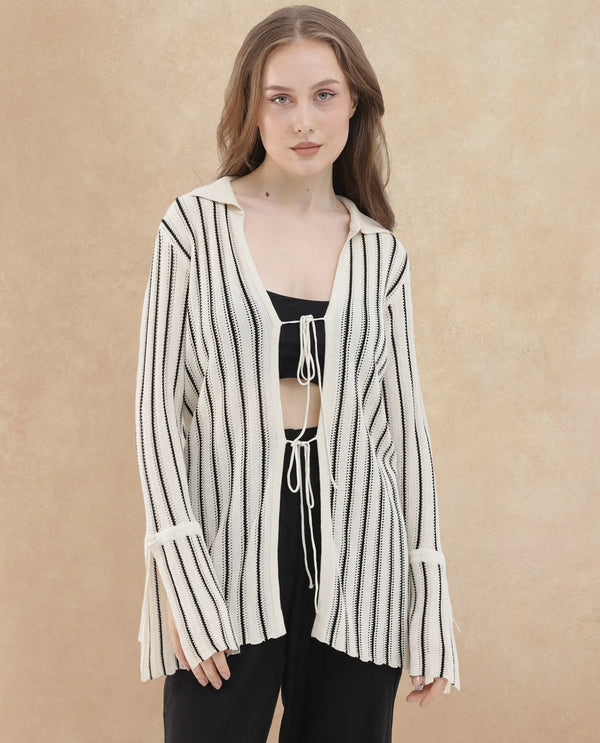 Rareism Women Kentya White Viscose Fabric Full Sleeves Tie-Up Closure Johnny Collar Regular Fit Plain Shrug