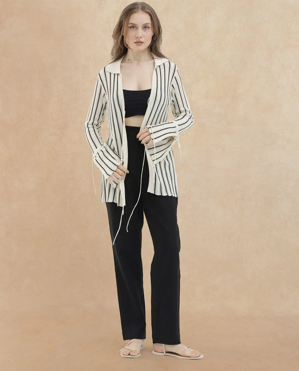 Rareism Women Kentya White Viscose Fabric Full Sleeves Tie-Up Closure Johnny Collar Regular Fit Plain Shrug