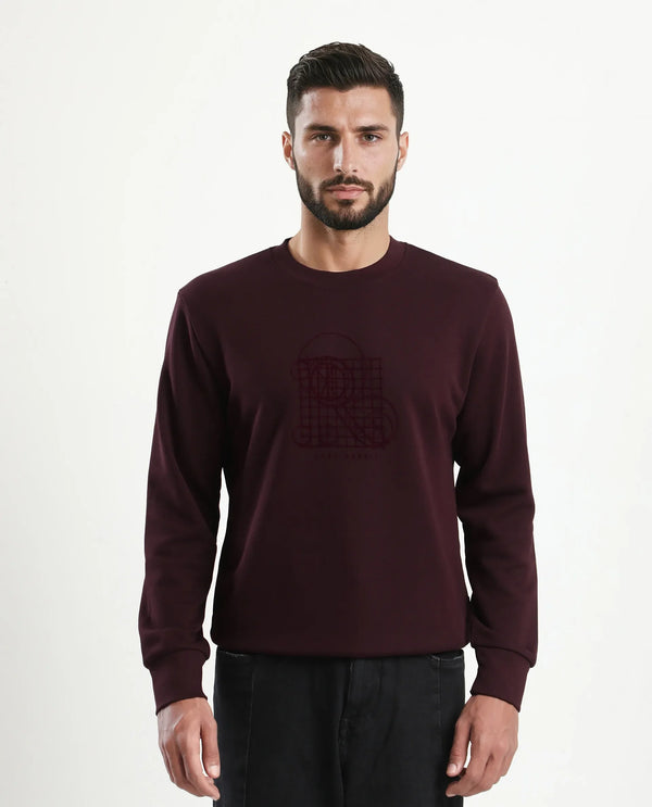 Rare Rabbit Men's Kend Dark Maroon Cotton Blend Fabric Full Sleeves Crew Neck Graphic Print Sweatshirt