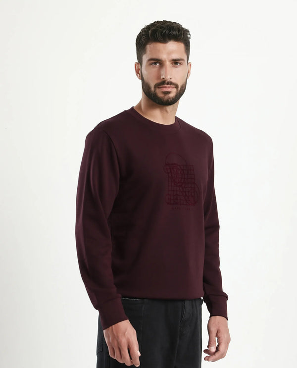 Rare Rabbit Men's Kend Dark Maroon Cotton Blend Fabric Full Sleeves Crew Neck Graphic Print Sweatshirt