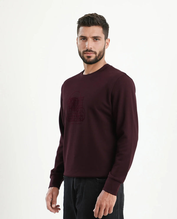 Rare Rabbit Men's Kend Dark Maroon Cotton Blend Fabric Full Sleeves Crew Neck Graphic Print Sweatshirt