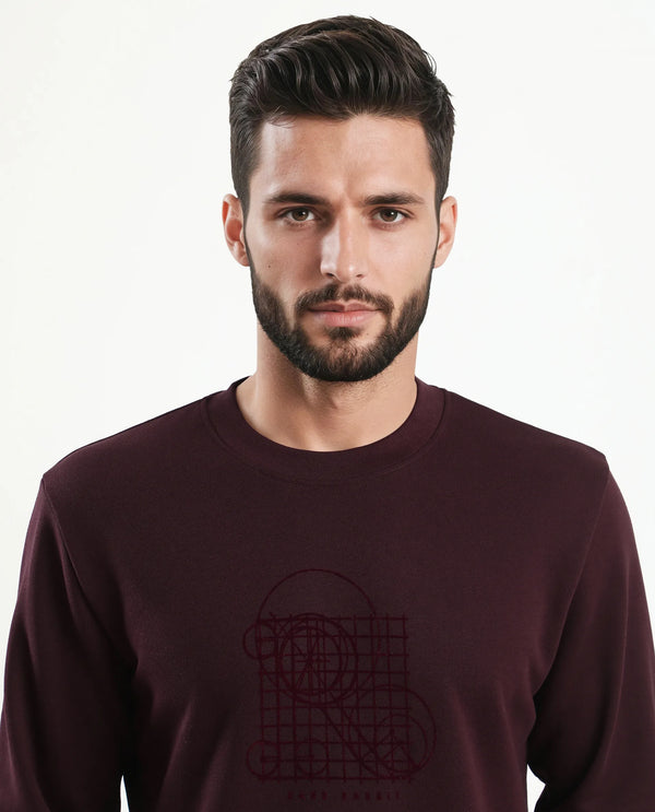 Rare Rabbit Men's Kend Dark Maroon Cotton Blend Fabric Full Sleeves Crew Neck Graphic Print Sweatshirt