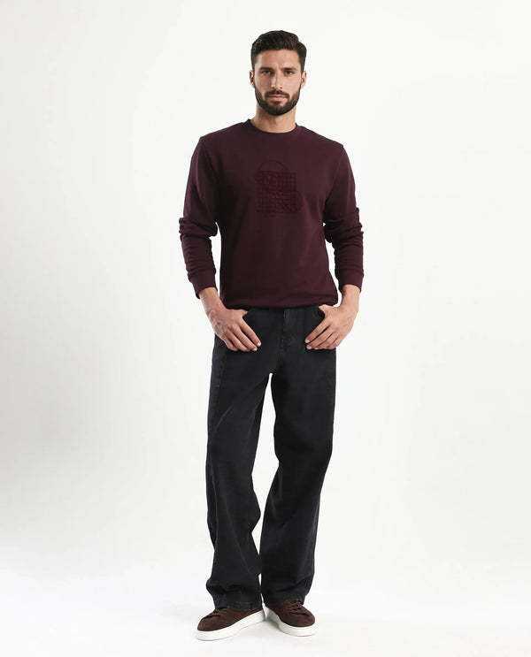 Rare Rabbit Men's Kend Dark Maroon Cotton Blend Fabric Full Sleeves Crew Neck Graphic Print Sweatshirt