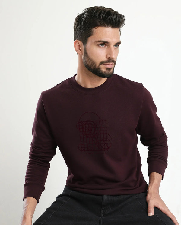 Rare Rabbit Men's Kend Dark Maroon Cotton Blend Fabric Full Sleeves Crew Neck Graphic Print Sweatshirt