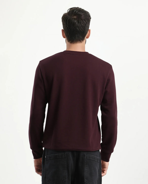 Rare Rabbit Men's Kend Dark Maroon Cotton Blend Fabric Full Sleeves Crew Neck Graphic Print Sweatshirt