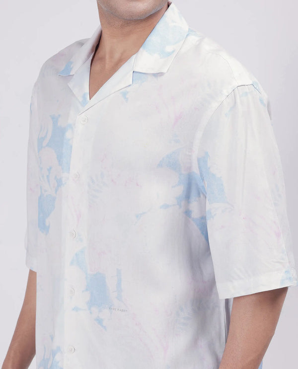 Rare Rabbit Men's Ken White Viscose Fabric Half Sleeve Cuban Collar Boxy Fit Abstract Print Shirt