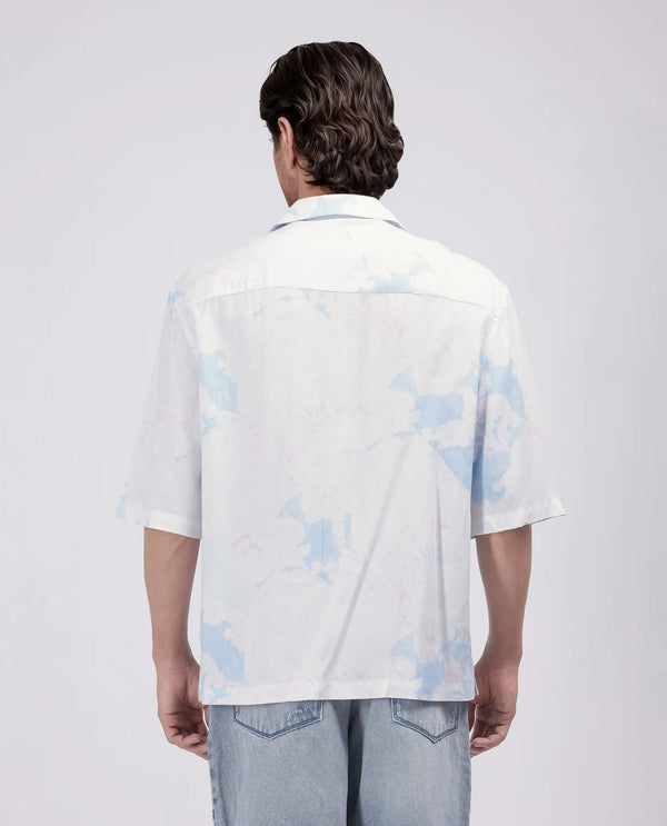 Rare Rabbit Men's Ken White Viscose Fabric Half Sleeve Cuban Collar Boxy Fit Abstract Print Shirt