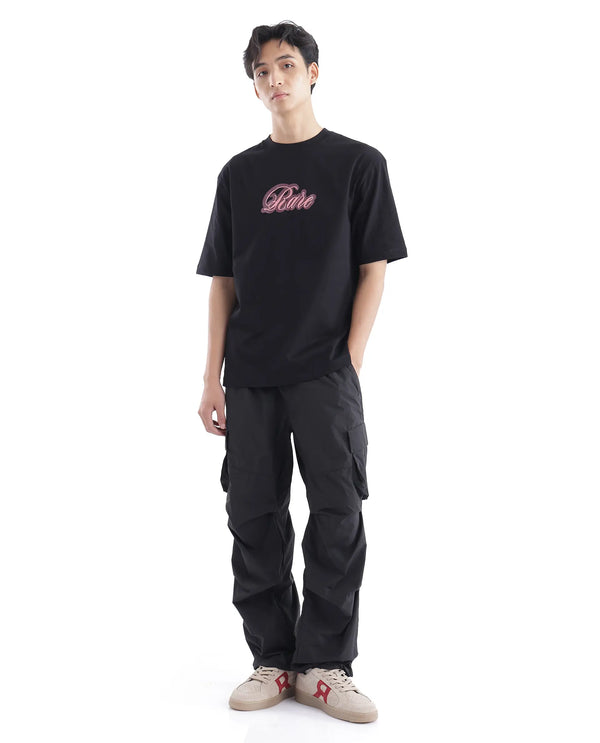 Rare Rabbit Men Kenzo Black Cotton Fabric Short Sleeve Crew Neck Oversized Fit Embroidered T-Shirt