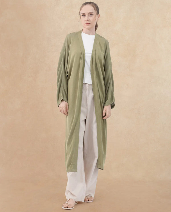 Rareism Women Keya Pastel Green Cotton Fabric Full Sleeves Extended Sleeve Relaxed Fit Plain Midi Shrug