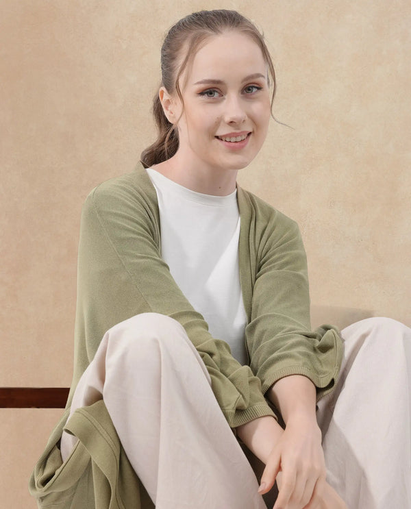 Rareism Women Keya Pastel Green Cotton Fabric Full Sleeves Extended Sleeve Relaxed Fit Plain Midi Shrug