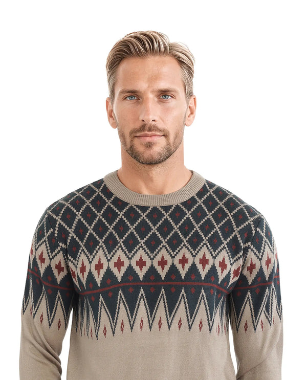 Rare Rabbit Men's Kezeck Light Brown Full Sleeve Crew Neck Regular Fit Argyle Sweater