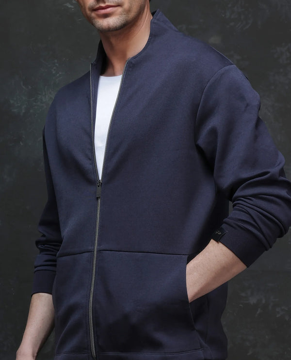 Rare Rabbit Men Kezi Navy Cotton Poly Fabric Full Sleeve Hooded Zip Closure Slim Fit Plain Sweatshirt