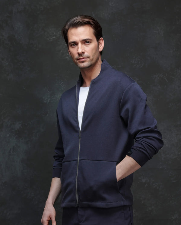 Rare Rabbit Men Kezi Navy Cotton Poly Fabric Full Sleeve Hooded Zip Closure Slim Fit Plain Sweatshirt
