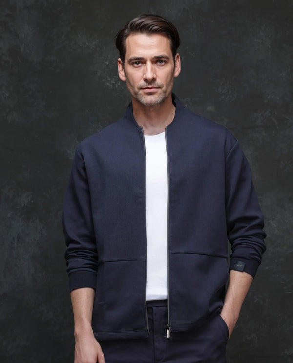 Rare Rabbit Men Kezi Navy Cotton Poly Fabric Full Sleeve Hooded Zip Closure Slim Fit Plain Sweatshirt