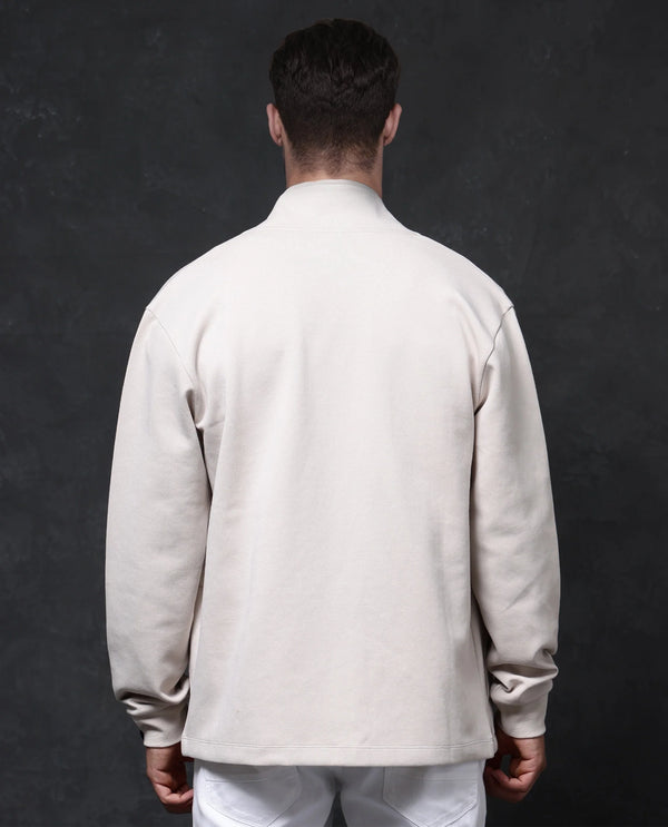 Rare Rabbit Men Kezi Off White Cotton Poly Fabric Full Sleeve High Neck Zip Closure Slim Fit Plain Sweatshirt