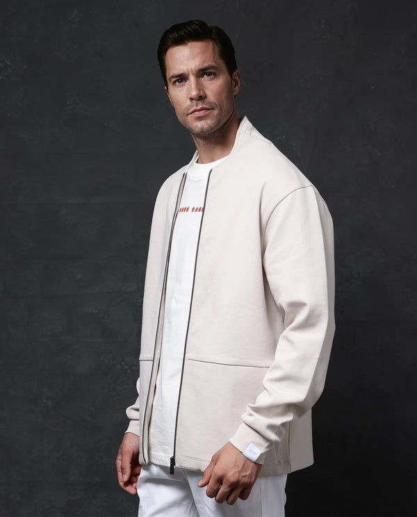 Rare Rabbit Men Kezi Off White Cotton Poly Fabric Full Sleeve High Neck Zip Closure Slim Fit Plain Sweatshirt