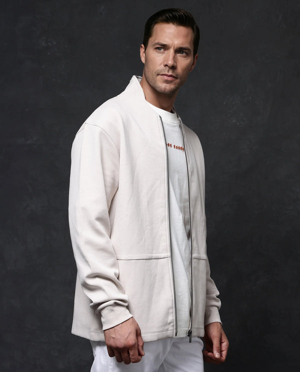 Rare Rabbit Men Kezi Off White Cotton Poly Fabric Full Sleeve High Neck Zip Closure Slim Fit Plain Sweatshirt