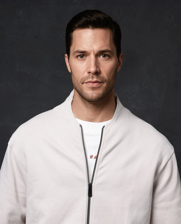 Rare Rabbit Men Kezi Off White Cotton Poly Fabric Full Sleeve High Neck Zip Closure Slim Fit Plain Sweatshirt