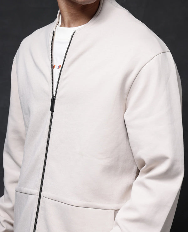 Rare Rabbit Men Kezi Off White Cotton Poly Fabric Full Sleeve High Neck Zip Closure Slim Fit Plain Sweatshirt