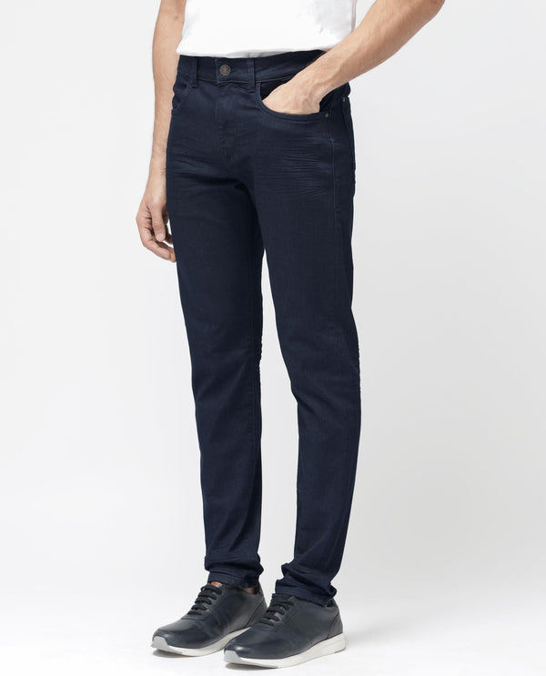 Rare Rabbit Men's Kiel Navy Regular Fit Mid Rise Rinse Wash With 3D Whiskers Jeans