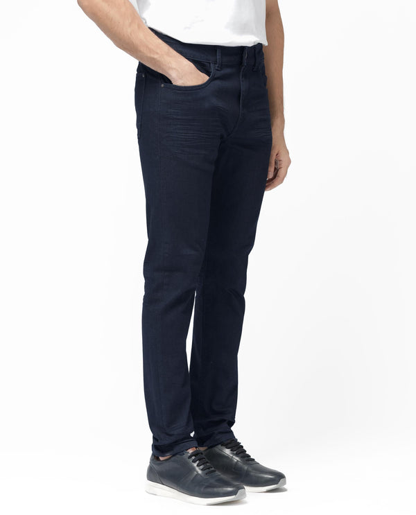 Rare Rabbit Men's Kiel Navy Regular Fit Mid Rise Rinse Wash With 3D Whiskers Jeans