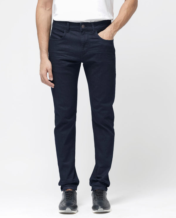 Rare Rabbit Men's Kiel Navy Regular Fit Mid Rise Rinse Wash With 3D Whiskers Jeans
