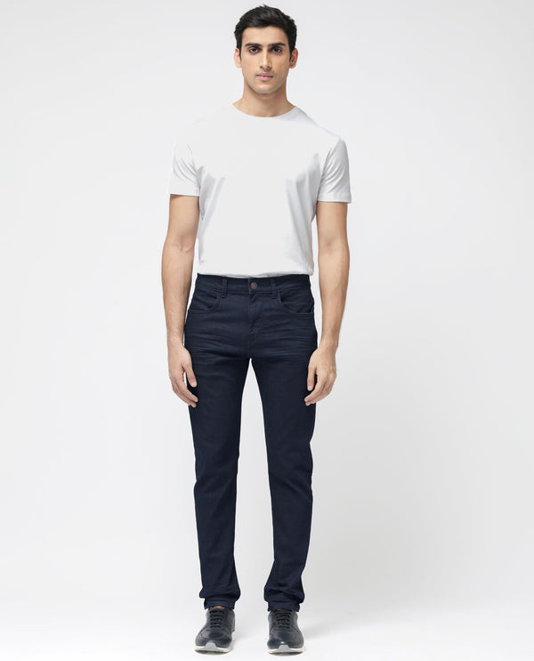 Rare Rabbit Men's Kiel Navy Regular Fit Mid Rise Rinse Wash With 3D Whiskers Jeans
