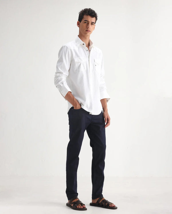 Rare Rabbit Men's Kiel Navy Regular Fit Mid Rise Rinse Wash With 3D Whiskers Jeans
