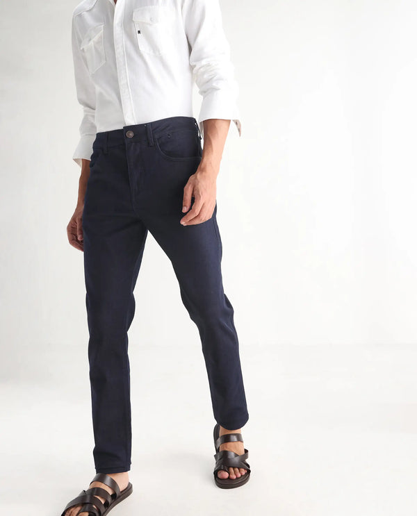 Rare Rabbit Men's Kiel Navy Regular Fit Mid Rise Rinse Wash With 3D Whiskers Jeans