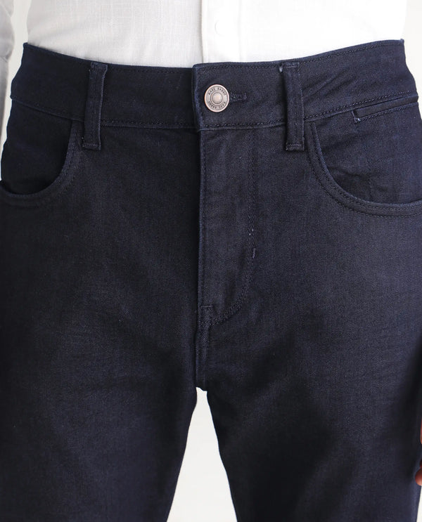 Rare Rabbit Men's Kiel Navy Regular Fit Mid Rise Rinse Wash With 3D Whiskers Jeans