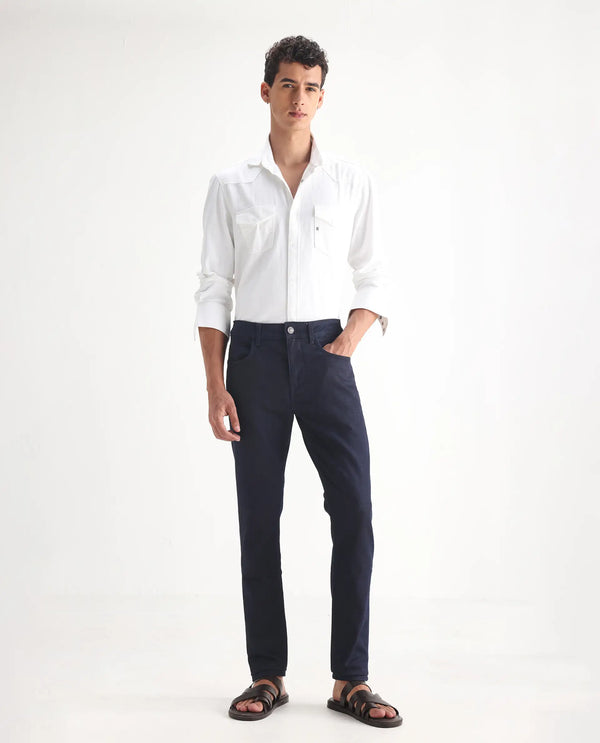Rare Rabbit Men's Kiel Navy Regular Fit Mid Rise Rinse Wash With 3D Whiskers Jeans