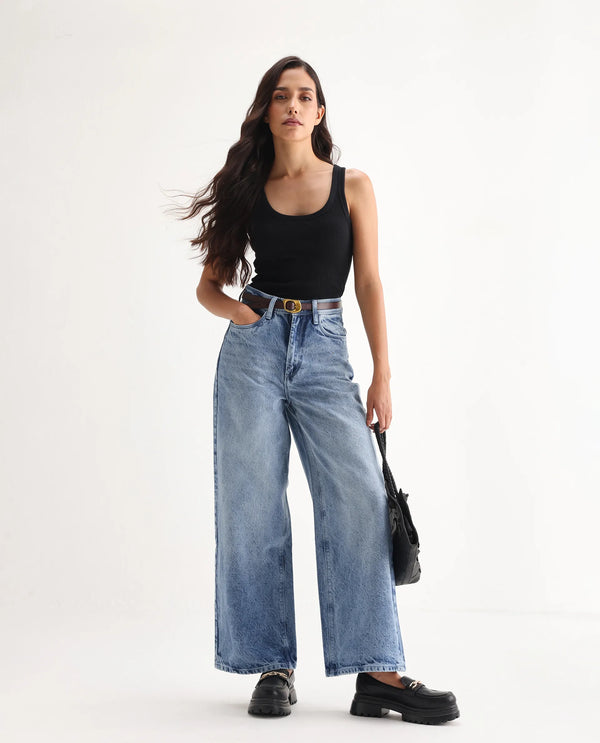 Rareism Women Kikoa Light Blue Cotton Fabric Plain Jeans